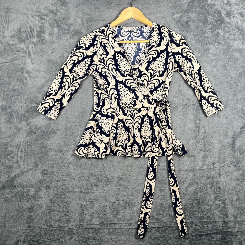 A'gaci Peplum Blouse Top Womens XXS Navy White Damask Print Tie Front V Neck